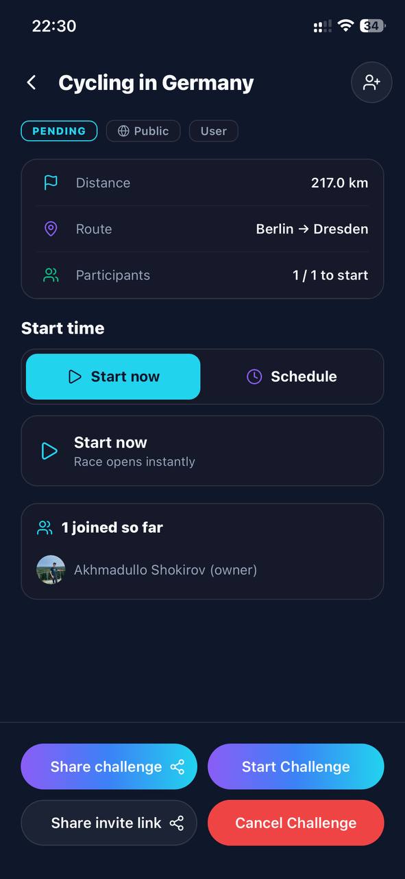 A pending challenge page with participants and share options