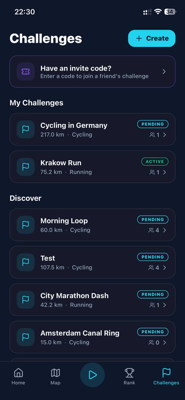 DerbyOn challenges list showing your challenges and ones to discover