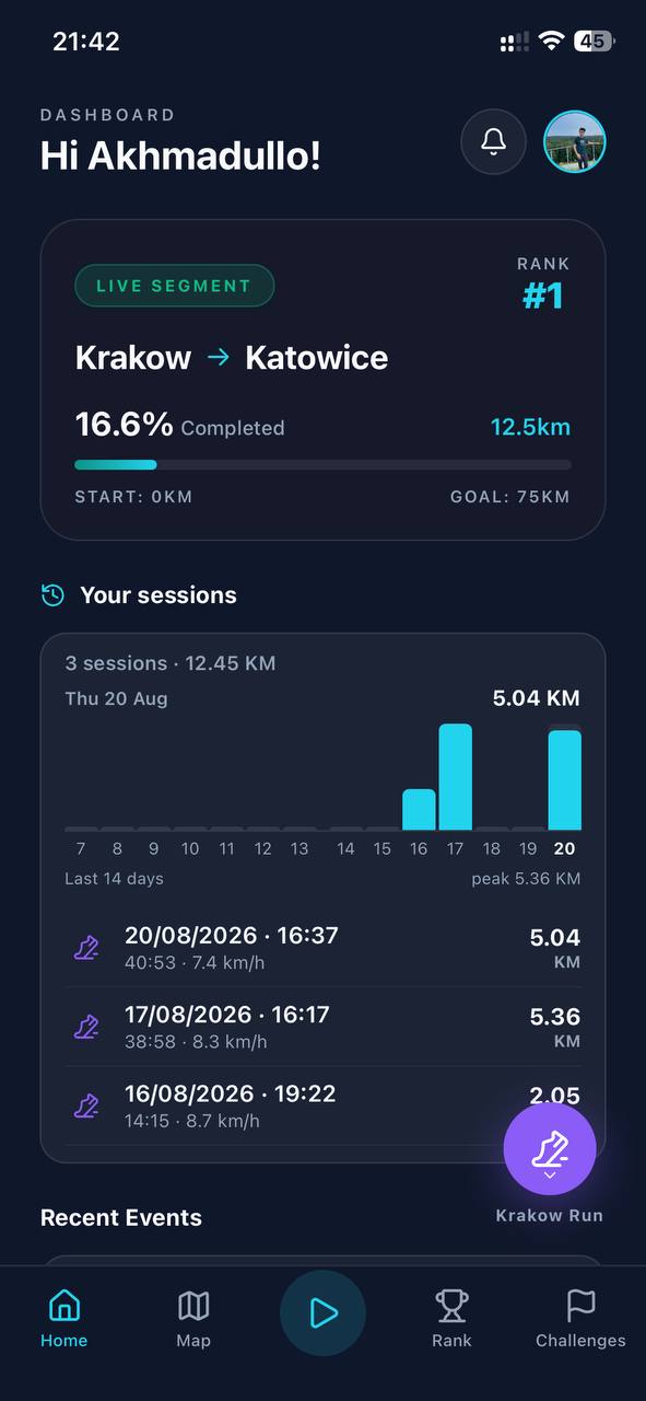 DerbyOn home dashboard showing a live segment and recent sessions