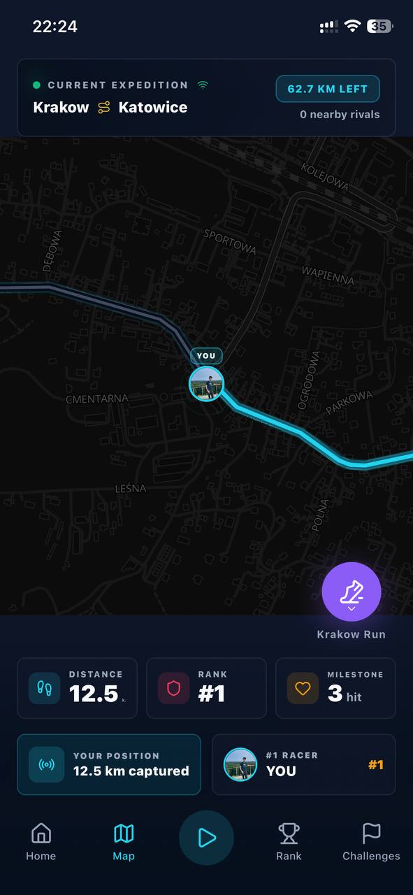 Live map showing position along a route with rank and distance captured