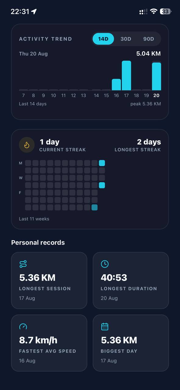 Performance screen showing streak heatmap and personal records