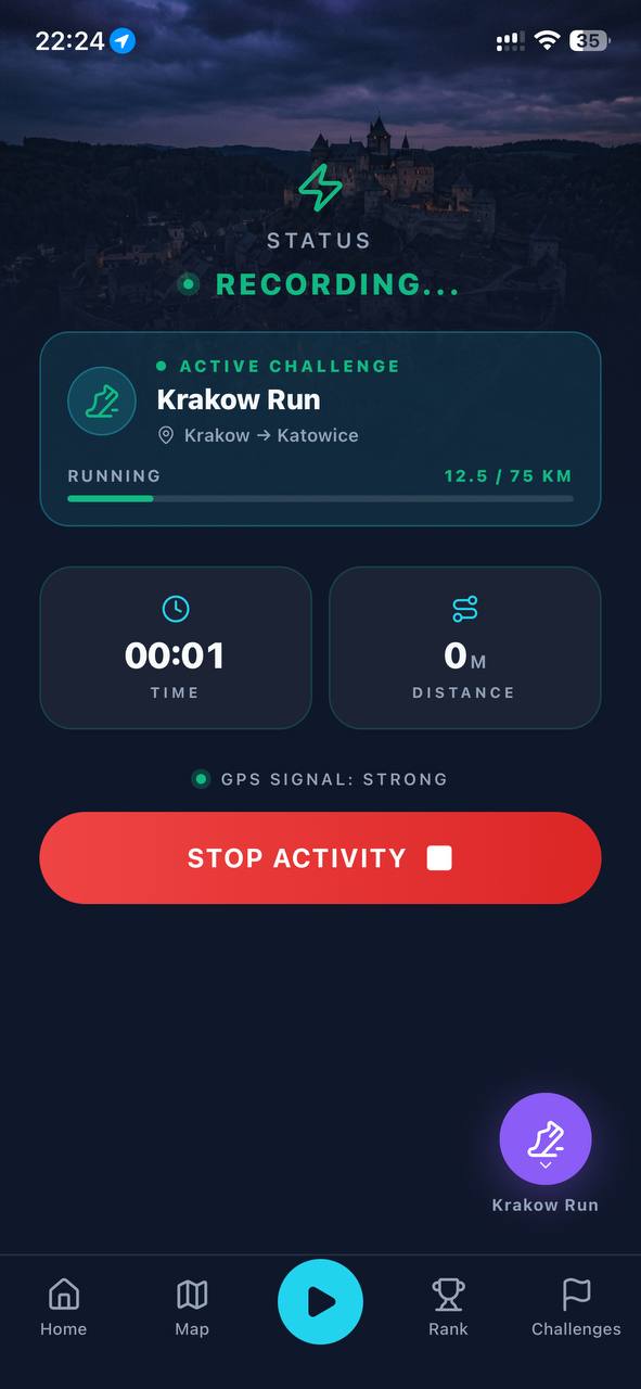 The record screen while a session is running, showing time, distance and GPS signal